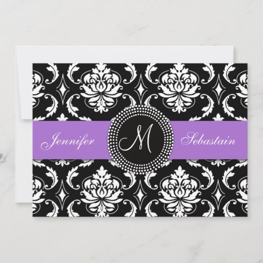 Damask Monogram Wedding Invitations Paars Kaart (Voorkant)