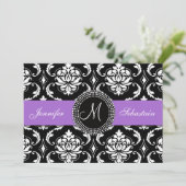 Damask Monogram Wedding Invitations Paars Kaart (Staand voorkant)
