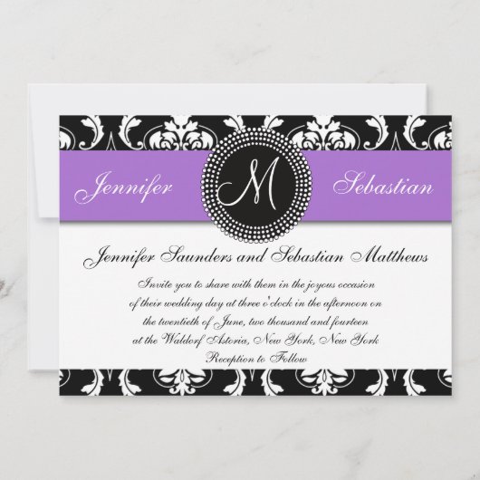 Damask Monogram Wedding Invitations Paars Kaart (Achterkant)