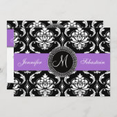 Damask Monogram Wedding Invitations Paars Kaart (Voorkant / Achterkant)