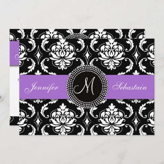 Damask Monogram Wedding Invitations Paars Kaart (Voorkant / Achterkant)