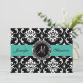 Damask Monogram Wedding Invitations Turquoise Kaart (Staand voorkant)