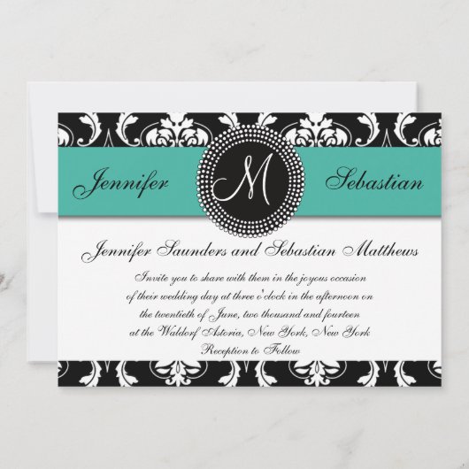 Damask Monogram Wedding Invitations Turquoise Kaart (Achterkant)