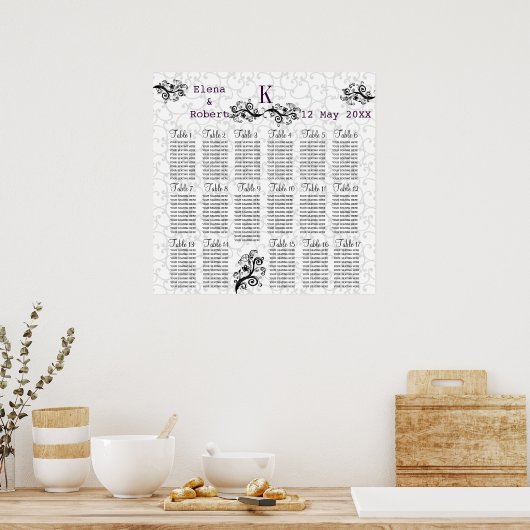 Damask Monogram Wedding Seating Chart Poster (Keuken)