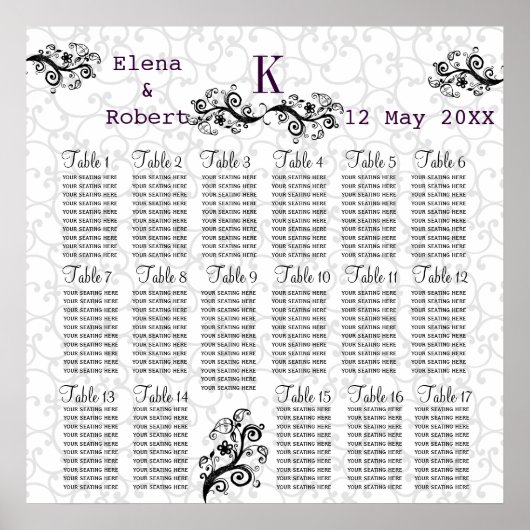 Damask Monogram Wedding Seating Chart Poster (Voorkant)