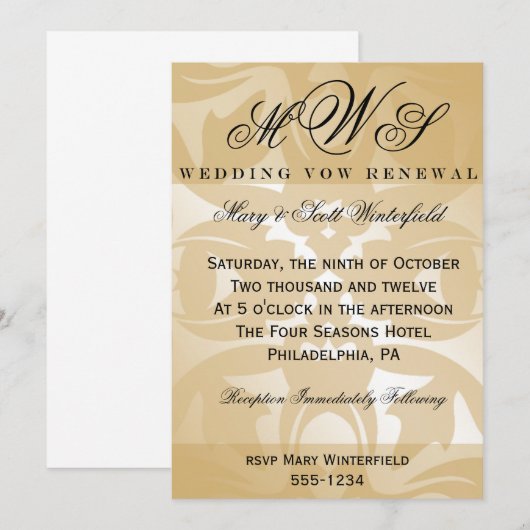 Damask & Monogram Wedding Vow Renewal Uitnodiginge Kaart (Voorkant / Achterkant)
