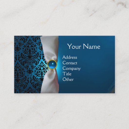 DAMASK MONOGRAM wit lint zwart blauw Visitekaartje (Voorkant)