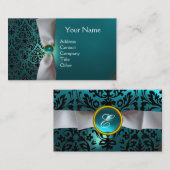 DAMASK MONOGRAM witte lint zwarte blauwe aquamarin Visitekaartje (Voorkant / Achterkant)