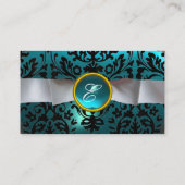 DAMASK MONOGRAM witte lint zwarte blauwe aquamarin Visitekaartje (Achterkant)