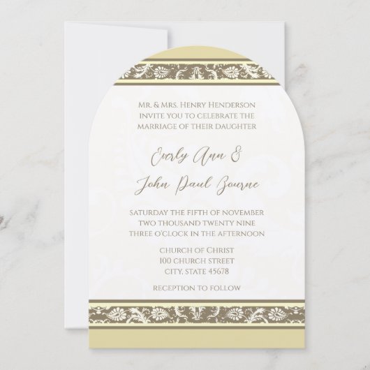 Damask Monogram Yellow Gray Wedding Invitation Kaart (Voorkant)