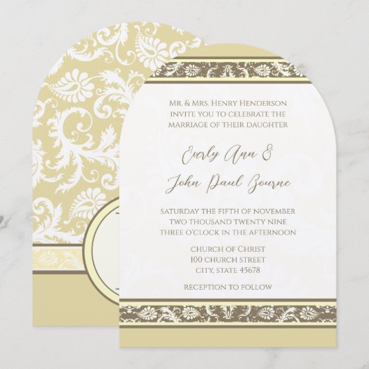 Damask Monogram Yellow Gray Wedding Invitation Kaart (Voorkant / Achterkant)