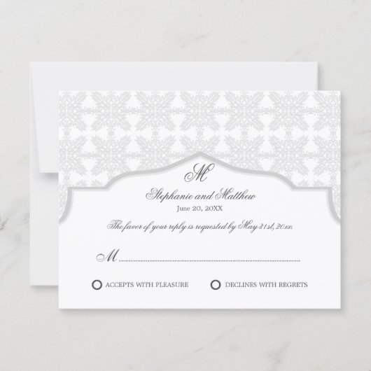 Damask Monogram Zilver Grijs RSVP Kaart (Voorkant)
