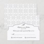 Damask Monogram Zilver Grijs RSVP Kaart (Voorkant / Achterkant)