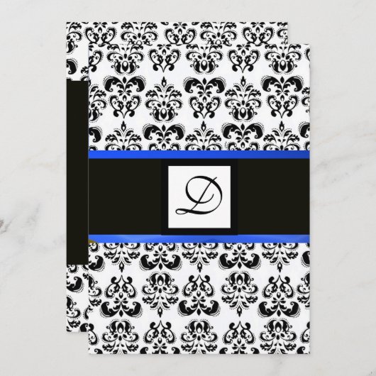 DAMASK MONOGRAM,zwart en wit,blauw Kaart (Voorkant / Achterkant)