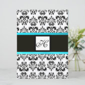 DAMASK MONOGRAM, zwart en wit, blauw turquoise Kaart (Staand voorkant)