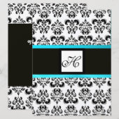 DAMASK MONOGRAM, zwart en wit, blauw turquoise Kaart (Voorkant / Achterkant)