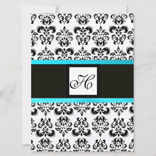 DAMASK MONOGRAM, zwart en wit, blauw turquoise Kaart (Voorkant)
