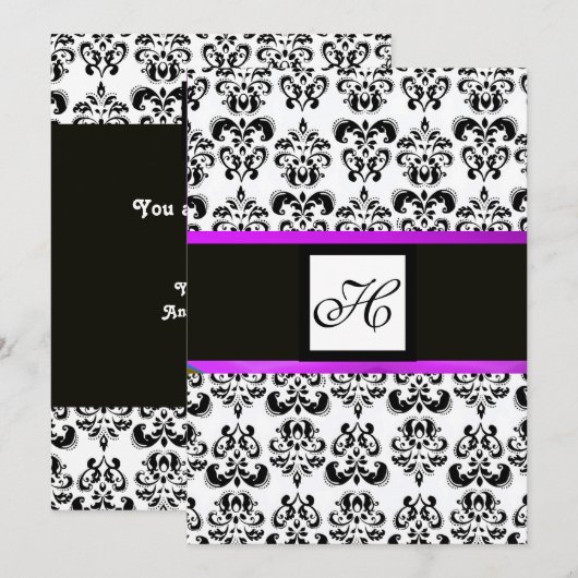 DAMASK MONOGRAM, zwart en wit, paars Kaart (Voorkant / Achterkant)