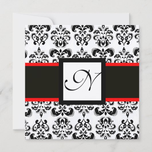 DAMASK MONOGRAM, zwart, wit, rode champagne metall Kaart (Voorkant)