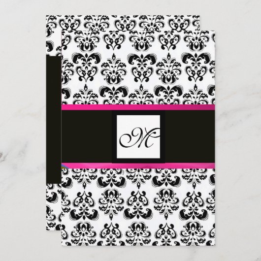 DAMASK MONOGRAM, zwart wit, roze fuchsia violet Kaart (Voorkant / Achterkant)