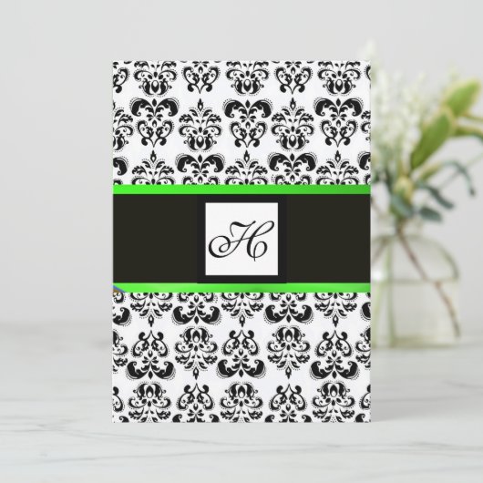 DAMASK MONOGRAM, zwart-wit, smaragdgroen Kaart (Staand voorkant)