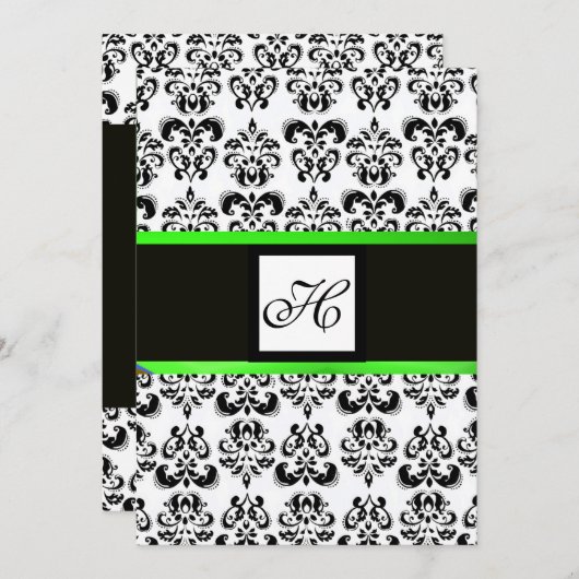 DAMASK MONOGRAM, zwart-wit, smaragdgroen Kaart (Voorkant / Achterkant)