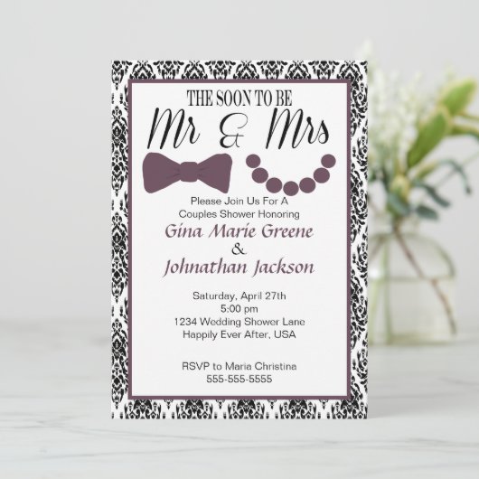 Damask Mr. and Mrs. Shower Invitation (Aubergine) Kaart (Staand voorkant)