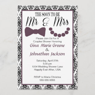 Damask Mr. and Mrs. Shower Invitation (Aubergine) Kaart