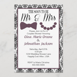 Damask Mr. and Mrs. Shower Invitation (Aubergine) Kaart