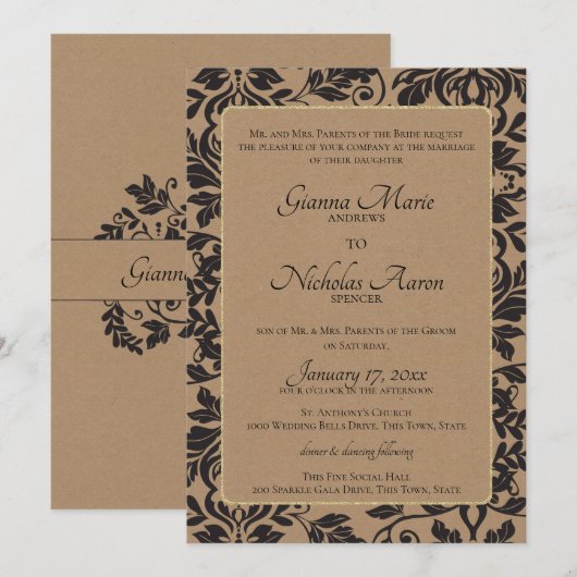 Damask Natural Kraft Bruine bruiloft Kaart (Voorkant / Achterkant)