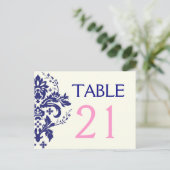 Damask navy blauw, roze trouwtafel nummer briefkaart (Staand voorkant)