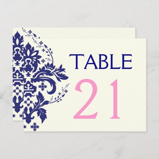 Damask navy blauw, roze trouwtafel nummer briefkaart (Voorkant / Achterkant)