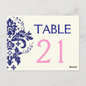 Damask navy blauw, roze trouwtafel nummer briefkaart (Achterkant)