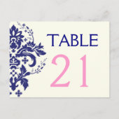 Damask navy blauw, roze trouwtafel nummer briefkaart (Voorkant)