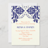Damask navy blue, koraalbruiloft repetitief diner kaart (Voorkant)