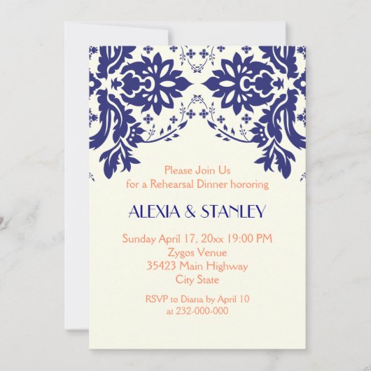 Damask navy blue, koraalbruiloft repetitief diner kaart (Voorkant)