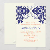 Damask navy blue, koraalbruiloft repetitief diner kaart (Voorkant / Achterkant)