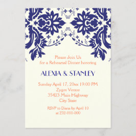 Damask navy blue, koraalbruiloft repetitief diner kaart