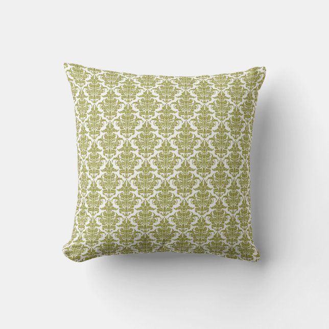 Damask - Olive Green op White Kussen (Voorkant)