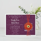 Damask Oranje Paars Gerber Daisy Wedding Invite Kaart (Staand voorkant)
