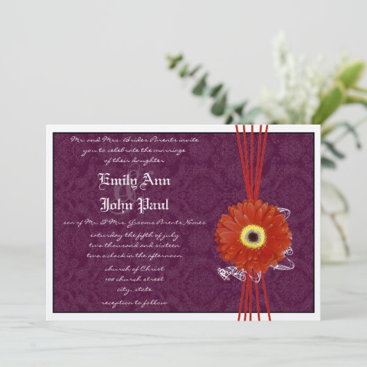 Damask Oranje Paars Gerber Daisy Wedding Invite Kaart (Staand voorkant)