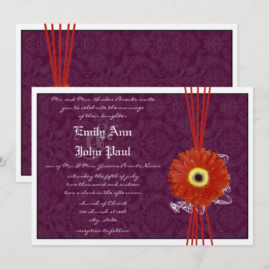 Damask Oranje Paars Gerber Daisy Wedding Invite Kaart (Voorkant / Achterkant)