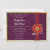 Damask Oranje Paars Gerber Daisy Wedding Invite Kaart (Voorkant)