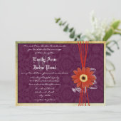 Damask Oranje Paars Gerber Daisy Wedding Invite Kaart (Staand voorkant)