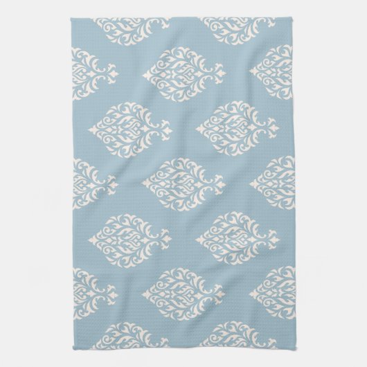Damask Ornamental Pattern Cream on Blue Theedoek (Verticaal)
