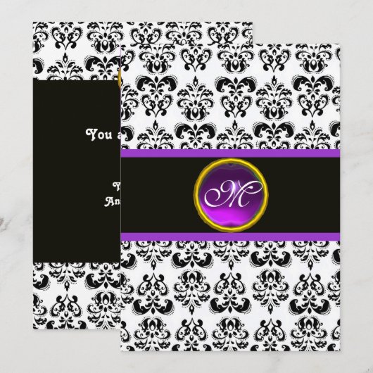 DAMASK PAARS AMETHYST MONOGRAM, zwart en wit Kaart (Voorkant / Achterkant)