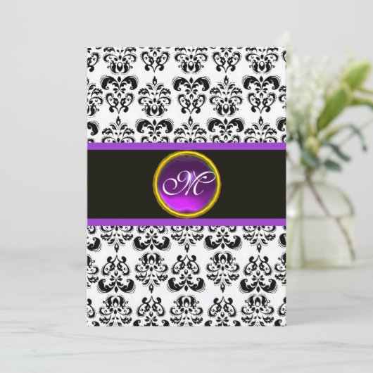 DAMASK PAARSE AMETHYST MONOGRAM, zwart en wit Kaart (Staand voorkant)