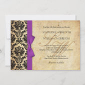 Damask  Paarse Bow Wedding Invitation Kaart (Voorkant)