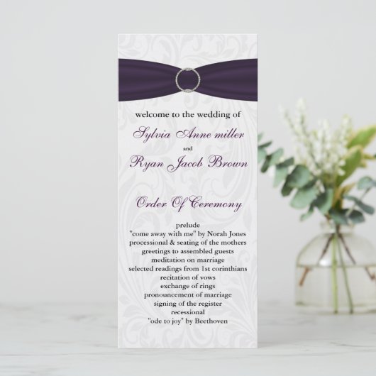 damask paarse bruiloft programma programmakaart (Staand voorkant)