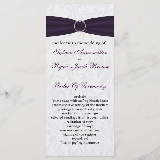 damask paarse bruiloft programma programmakaart (Voorkant)